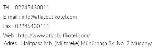 Atlas Butik Otel telefon numaralar, faks, e-mail, posta adresi ve iletiim bilgileri